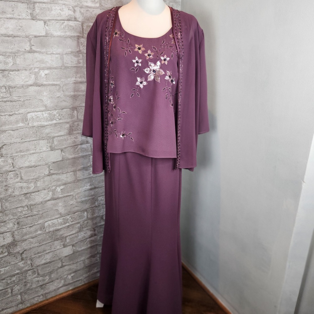 R&M Richards Maxi Suit 3-Piece Sequin Beaded Floral Purple Formal Set 14